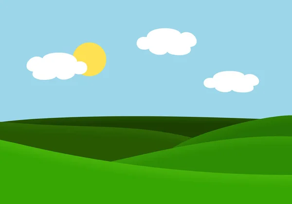 Płaska konstrukcja ilustracja krajobraz z łąki i wzgórza pod błękitne niebo, słońce i chmury - wektor — Wektor stockowy