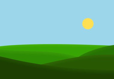 Manzara düz tasarlamak vektör çayır ve hill ile güneş - mavi gökyüzü altında