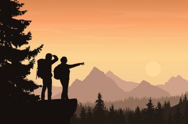 Bir dağ manzarası ile bir orman ve iki turist, erkek ve kadın turuncu gökyüzü güneş altında mesafe bakarak ve elini gösterilen sırt çantaları ile vektör çizim