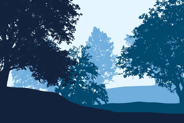 Laubwald zwischen Hügeln unter blauem Himmel — Stockvektor