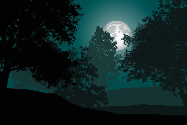 Listnatý les se stromy pod noční oblohou s full moon - strašidelné vektor — Stockový vektor