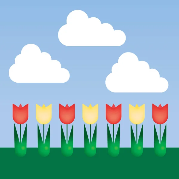 Platt design blommig säng med tulpaner och färgglada blommor med gröna blad på gräsmattan, under blå himmel med moln, med utrymme för din text - vektor — Stock vektor