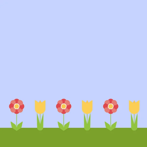 Platt design färgglada blommor på gräset under blå himmel, med utrymme för din text - vektor — Stock vektor