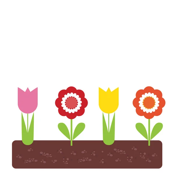 Macizo de flores con tulipanes y flores de colores con hojas verdes en el suelo, con espacio para su texto - vector — Archivo Imágenes Vectoriales