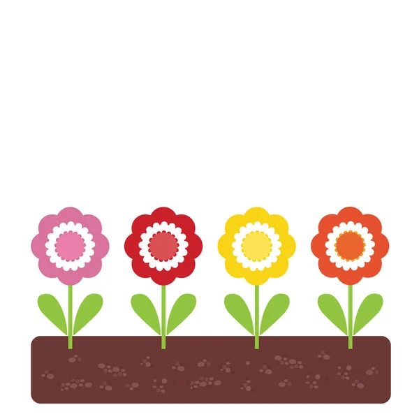 Blomsterrabatt med färgglada blommor med gröna blad i jord, med utrymme för din text - vektor — Stock vektor