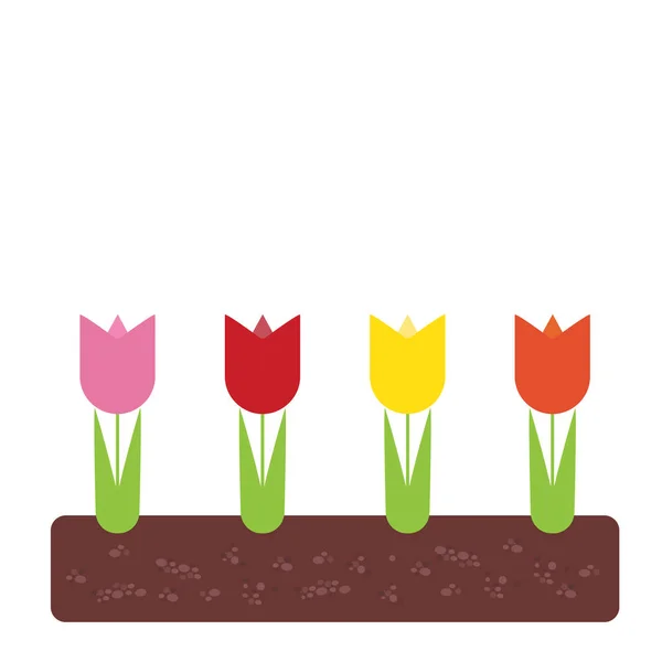 Macizo de flores de primavera con tulipanes coloridos y hojas verdes en el suelo, con espacio para su texto - vector — Archivo Imágenes Vectoriales