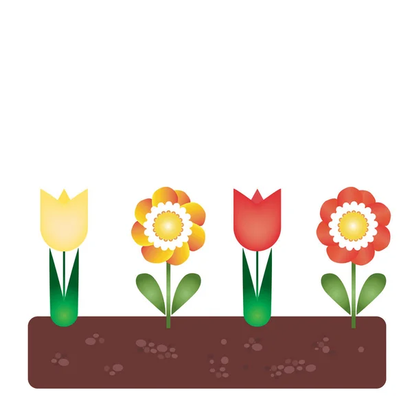 Blomsterrabatt med tulpaner, färgglada blommor och gröna blad i jord, med utrymme för din text - vektor — Stock vektor