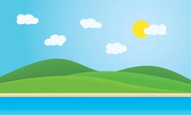 Denize sıfır sahil, plajlar ve yeşil tepelerin altında yaz mavi gökyüzü wi