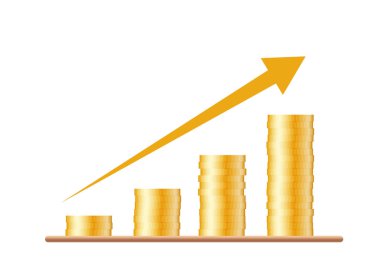 Dört altın sikke yığını büyüyen grafik izole vektör beyaz zemin üzerinde bir ok ile