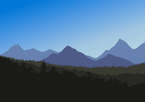 Paisaje de montaña con bosque en primer plano, bajo el cielo azul - vector con espacio para su texto — Vector de stock