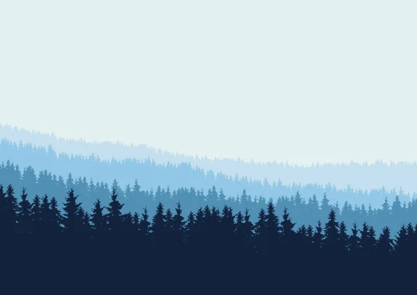 Bosque realista de coníferas con siluetas de árboles en varias capas bajo el cielo azul - vector con espacio para su texto — Archivo Imágenes Vectoriales