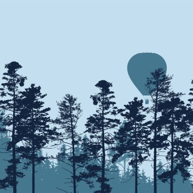 Sıcak hava balonu uçan senin metin için yer ile iğne yapraklı orman üzerinde vektör çizim