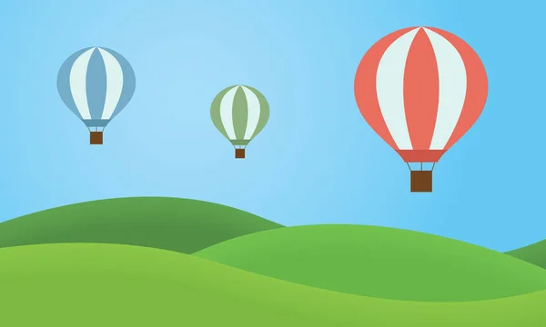 Three colorful hot air balloons flying over the landscape with grassy hills and blue sky - vector, simple flat design — Stock Vector