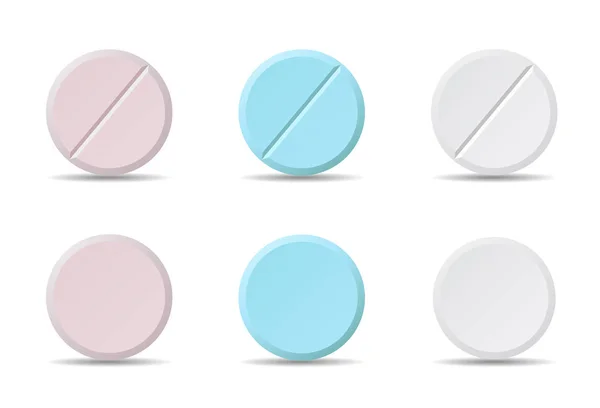 Ensemble de pilules médicales rondes blanches, bleues et roses de différents types, vecteur isolé sur fond blanc avec ombre — Image vectorielle