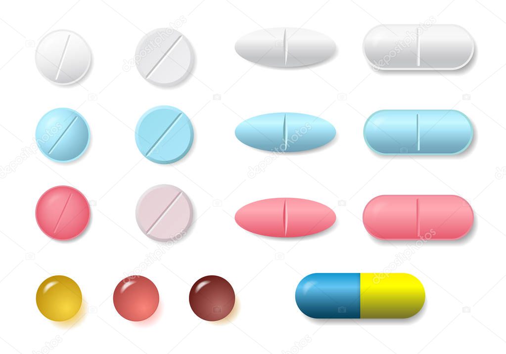 Set of white, pink and blue round and oval medicine pills and capsules of various kinds, isolated vector on white background with shadow