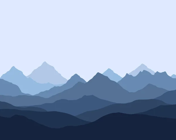 Vista panorámica del paisaje de montaña con niebla en el valle de abajo con el cielo azul alpenglow - vector — Vector de stock