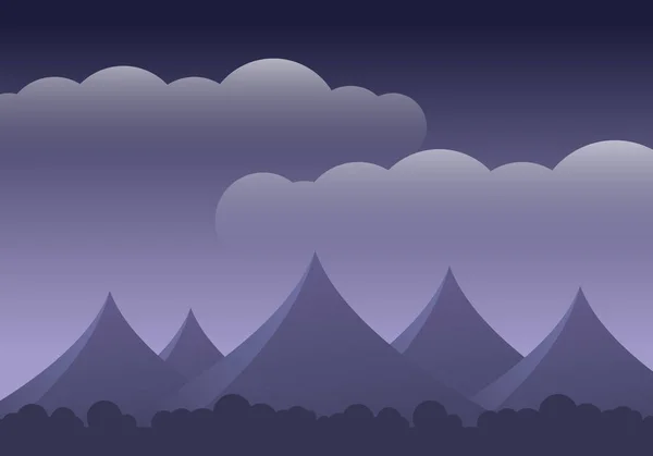 Paisaje montañoso abstracto con bosque y nubes en el cielo púrpura - vector, con espacio para su texto — Vector de stock