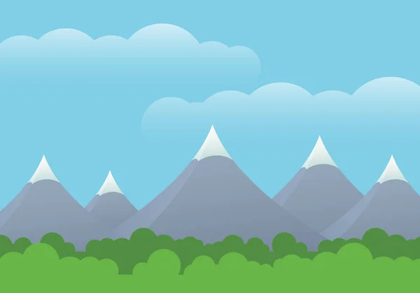 Επίπεδη σχεδίαση εικονογράφηση τοπίο με καταπράσινο δάσος και τα βουνά με το χιόνι επάνω, κάτω από το γαλάζιο του ουρανού με σύννεφα - διάνυσμα με χώρο το κείμενό σας — Διανυσματικό Αρχείο