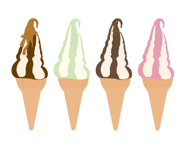 Set of vector illustrations of ice cream of different colors in cone, isolated on white background — Stock Vector