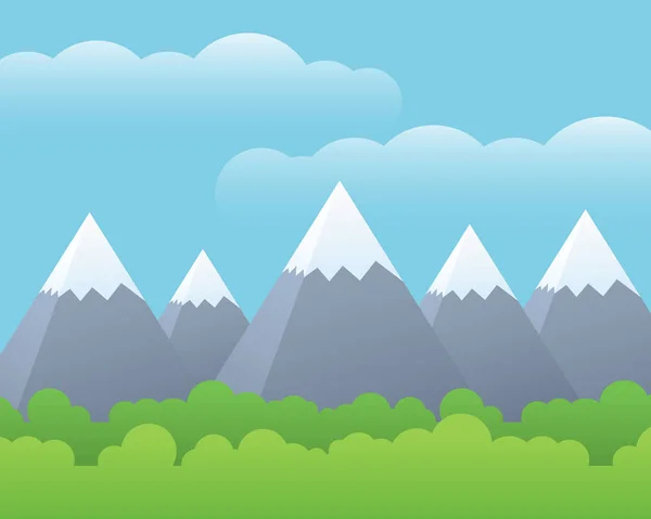 Illustration de design plat de paysage avec forêt verte et montagnes avec de la neige sur le dessus, sous le ciel bleu avec des nuages - vecteur avec l'espace votre texte — Image vectorielle