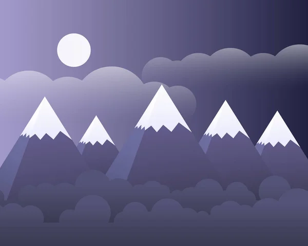 Paisaje montañoso abstracto con bosque y luna y nubes en el cielo púrpura - vector, con espacio para su texto — Vector de stock