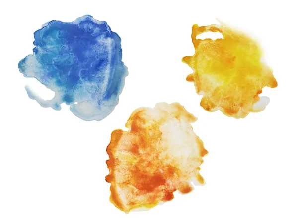 Trei culori - galben, portocaliu și albastru stropire acuarelă pictat manual izolat pe fundal alb, decorațiuni artistice sau fundal — Fotografie, imagine de stoc
