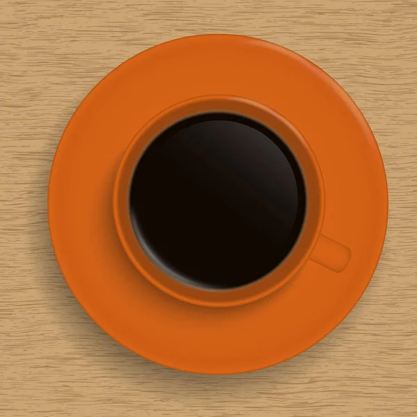 Ilustración realista de una taza de café de porcelana naranja en una mesa de madera - vector — Archivo Imágenes Vectoriales