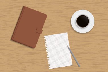 Ciltli defter, kahve ve bir ahşap masa üstü - gerçekçi vektör metin alanı olan bir kalem ile beyaz kağıdın