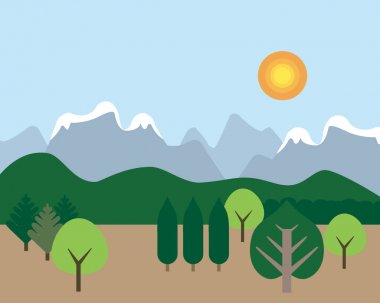 Dağlar ve tepeler, ağaçların güneş - düz tasarlamak vektör ile mavi gökyüzü altında ön planda ile kar ile dağ manzarası