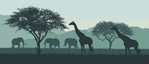 Ρεαλιστική απεικόνιση του αφρικανικού τοπίου και σαφάρι. Ελέφαντας με καμηλοπάρδαλη για σαβάνα μεταξύ των δέντρων σε σαφή καλοκαιρινή ημέρα κάτω από πράσινο ουρανό - διάνυσμα — Διανυσματικό Αρχείο