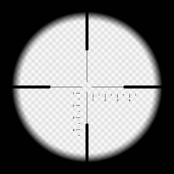 Realistische Illustration, die durch Scharfschützen-Fadenkreuz mit Messzahlen und Markierungen blickt. optisches Zielgewehr auf transparentem Hintergrund - Vektor — Stockvektor