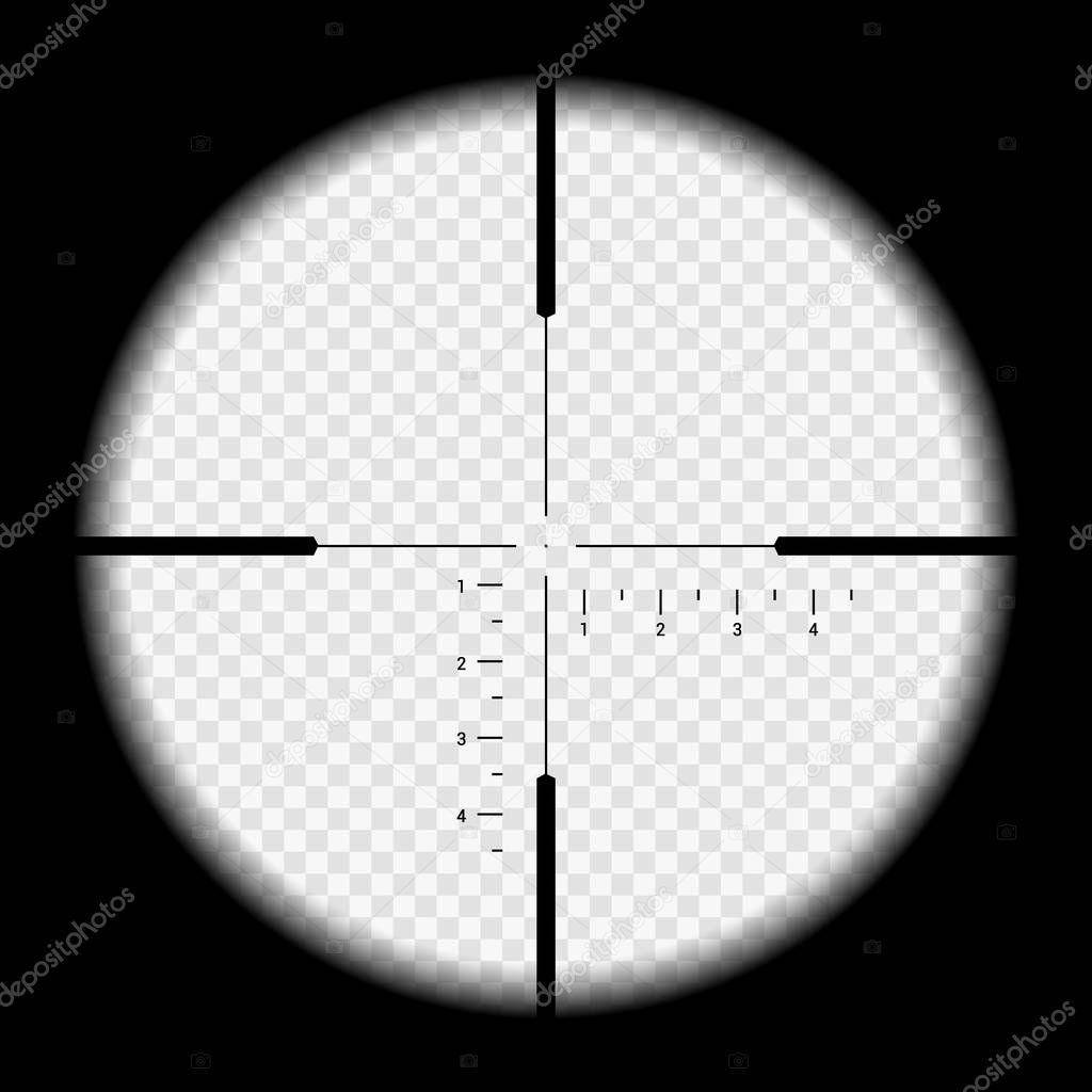 Realistic illustration looking through sniper crosshair with measuring numbers and markers. Optical sight rifle on transparent background - vector