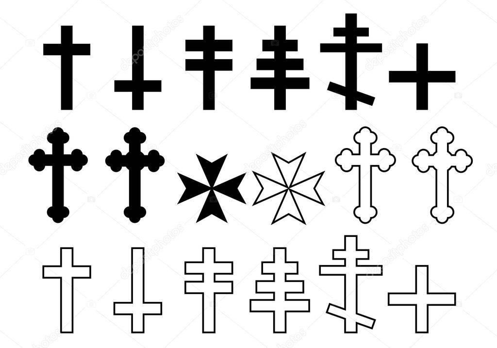 Set of Black and white illustration of Christian Cross Orthodox Church, Lorraine, Maltese and Greek - vector