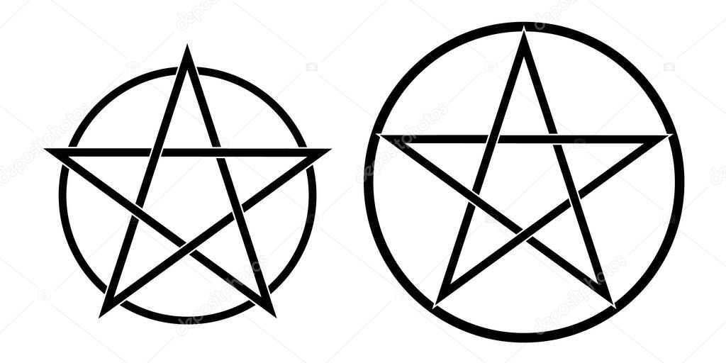 Set illustrations of a pentagram, a five-pointed star in a circle. Satanism or astrology sign, isolated on white background - vector