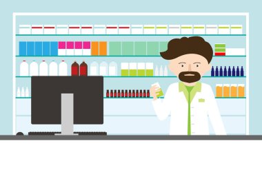 Eczanedeki sakallı eczacının ya da doktorun çizgi film çizimi. İçinde ilaç ve damla kutuları olan çekmeceler ve raflar, metin için bilgisayar monitörü ve boşluk.