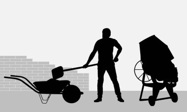 Realistic black and white illustration of a working bricklayer on a construction site. The bucket loads the mortar from the mixer into the truck. Brick wall background - vector vector