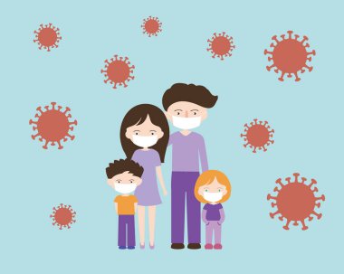 Baba, anne ve iki çocuklu basit bir çizgi film çizimi çizimi. Coronavirus Covid-19 salgınından dolayı yüz maskesi takıyor.