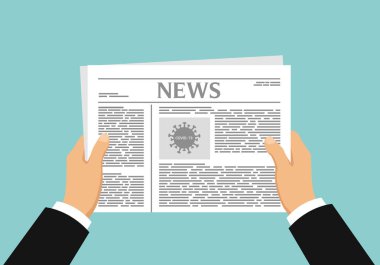 Yönetici ellerinin gerçekçi düz tasarım çizimi. Coronavirüs salgınıyla ilgili bir makale tutan ve okuyan bir gazete - vektör