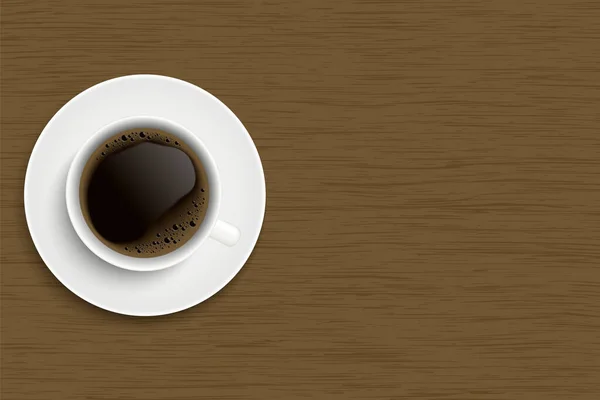 泡と泡とコーヒーカップの現実的なイラスト 木製のテーブルの上にソーサーとテキストのためのスペース ベクトル — ストックベクタ