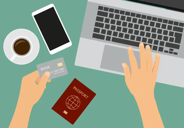 手握信用卡的平面设计说明 带有咖啡和智能手机载体的笔记本电脑和护照放在桌上 — 图库矢量图片