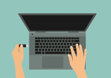 Gri dizüstü bilgisayarın düz tasarımı ve USB 'ye el ile bağlanan flaş bellek - vektör