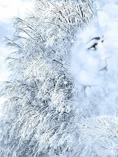 Girl Image Winter Collage Scene Portrait Girl Scene Snow Tree — Stock Photo, Image