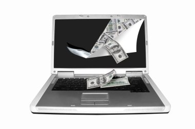 İnternet iş / internet finans işinde metaforu olarak Doları bilgisayarla sahne ile çizimi