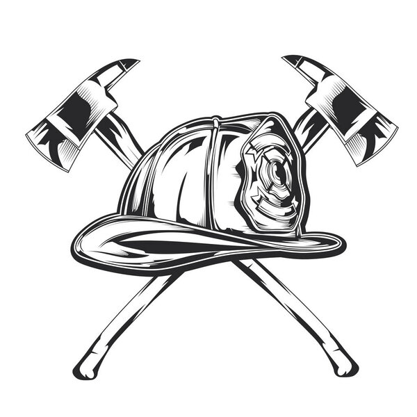 Illustration of firefighter equipment - helmet with two axes.
