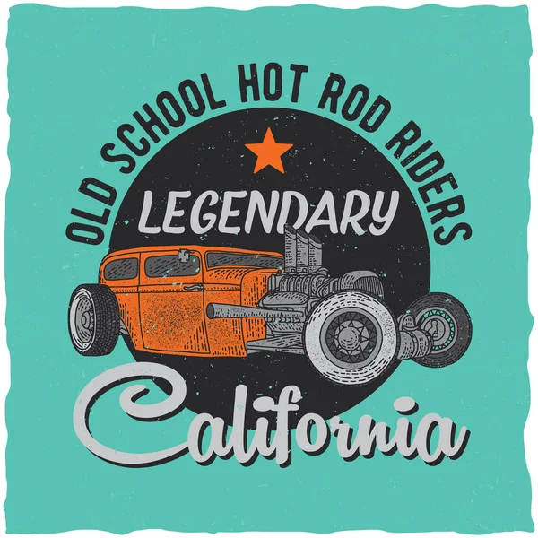 Vintage hot rod t-shirt etikettdesign med illustration av anpassad hastighet bil. — Stock vektor