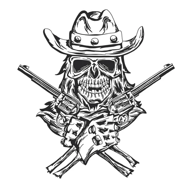 Cráneo de vaquero bajo el sombrero con dos armas en las manos . — Vector de stock