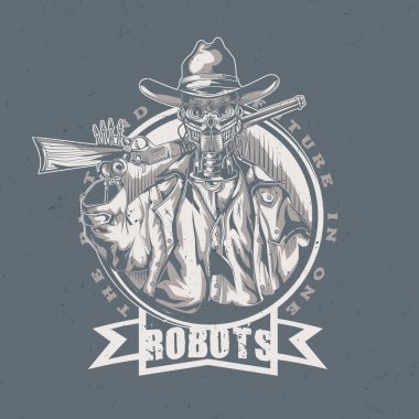 Vahşi Batı t-shirt etiket tasarım robot kovboy gösterimi ile.