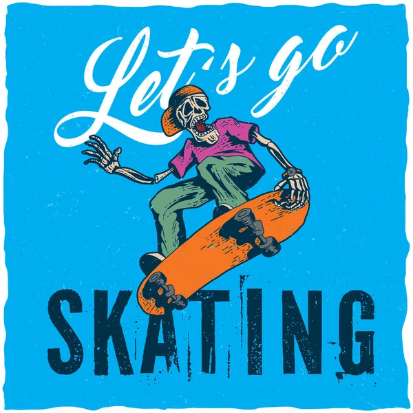 Desenho de etiqueta de t-shirt de skate com ilustração de esqueleto jogando skate . —  Vetores de Stock