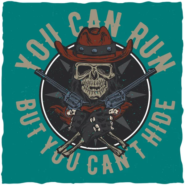 T-shirt Cowboy design d'étiquette avec illustration du crâne sous le chapeau avec deux fusils aux mains . — Image vectorielle
