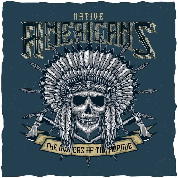 Amerikanischer Indianerschädel mit Tomahawk. Design von T-Shirt-Etiketten. — Stockvektor